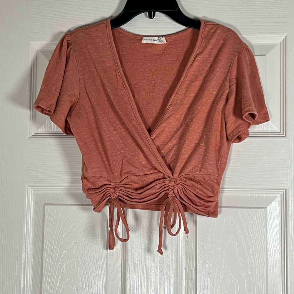 Spoiled Salmon Pink Wrap Crop Blouse with Ruched Short Sleeves